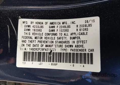 2015 Honda Accord Lx z USA, uszkodzony, nr VIN 1HGCR2F39FA218121